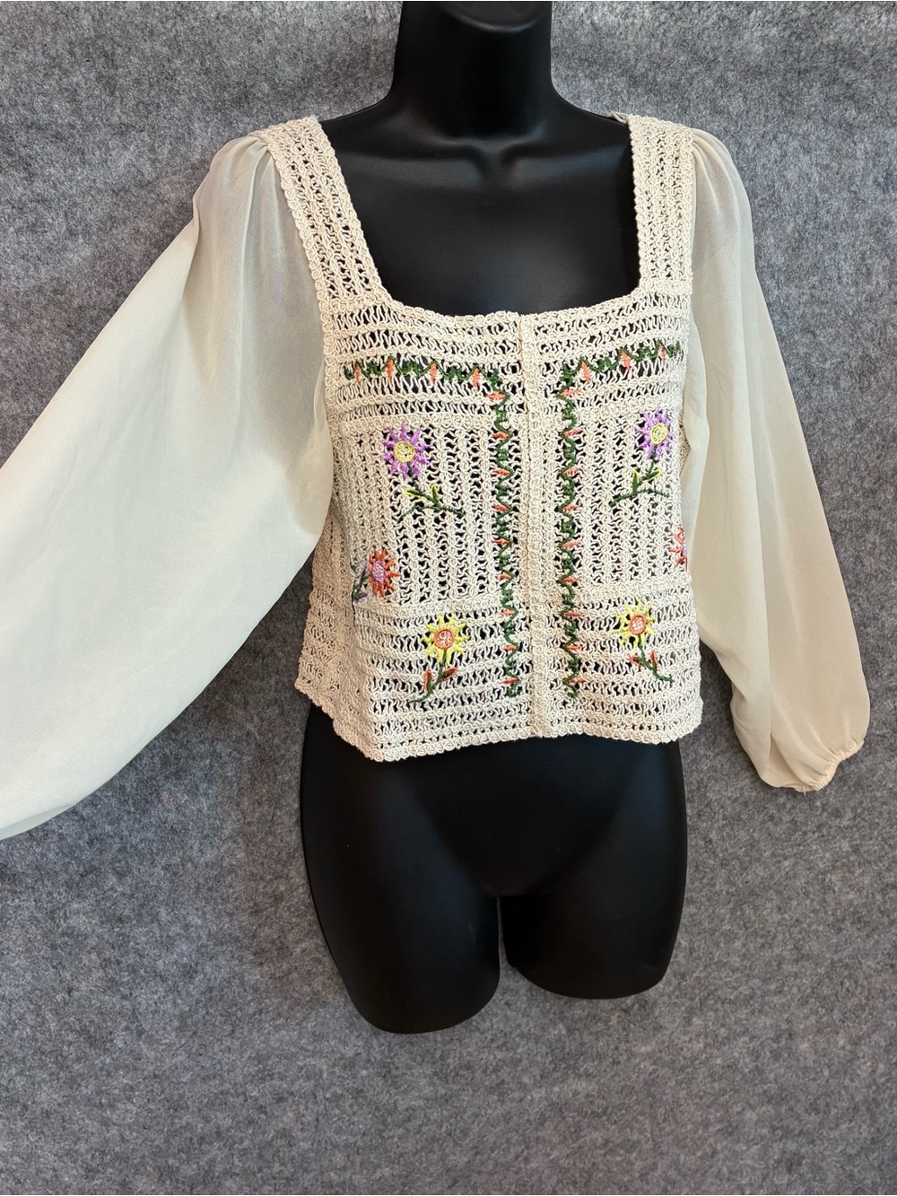 Open Weave Crochet Floral Embroidered Top Sheer Folk Boho Cottagecore Size S